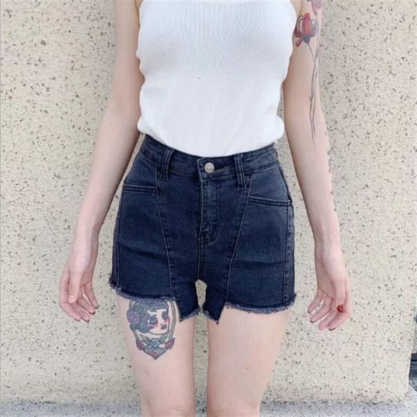 

new style of summer clothes in 2019: high waist, elastic and thin, water washed, irregular, rough ee, denim shorts, women's pants, Blue