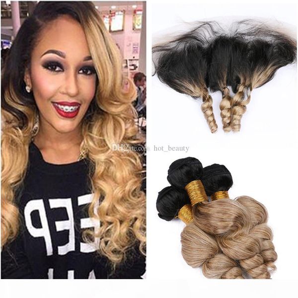 

#1b 27 honey blonde ombre peruvian huamn hair loose wave bundle deals 3pcs with frontal light brown ombre virgin hair weaves with closure, Black