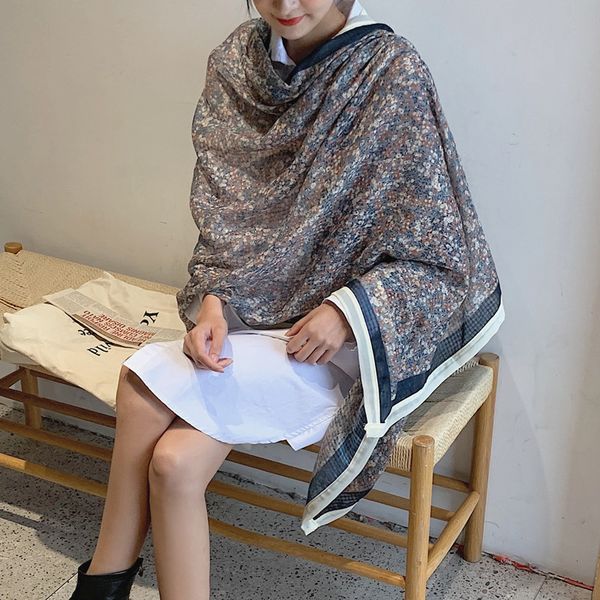

reflecting painting broken flower cotton hemp scarves for women's autumn winter literary and artistic temperament, Blue;gray