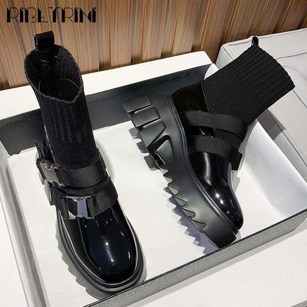 

boots ribetrini brand arrival female platform solid slip on ankle shoes women buckle thick bottom fashion, Black
