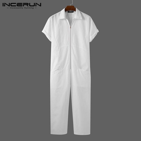 

man casual loose zipper long trousers streetwear incerun leisure solid overalls jumpsuit men short sleeve lapel neck rompers 5xl, Black