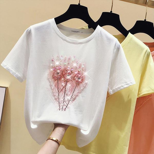 

short sleeve t shirt women summer beading t shirt female korean cotton pink tshirt woman clothes tee femme, White