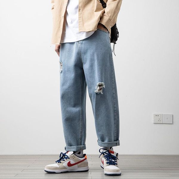 

men's jeans neploha casual oversize 2021 straight woman hole denim pants korean streetwear man solid color clothing, Blue