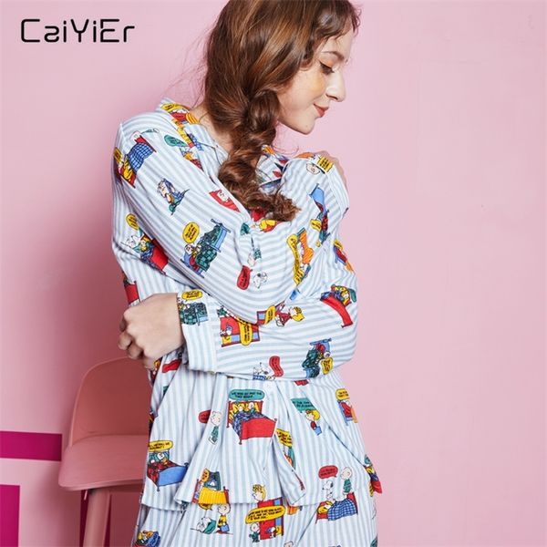 

caiyier ladies cute print pajamas set cotton cartoon long sleeve sleepwear casual turn-down collar winter korea girl nightwear y200708, Black;red