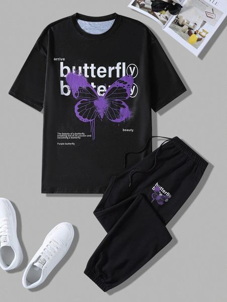 

men random slogan and butterfly print tee & drawstring waist sweatpants h4ry#, Gray
