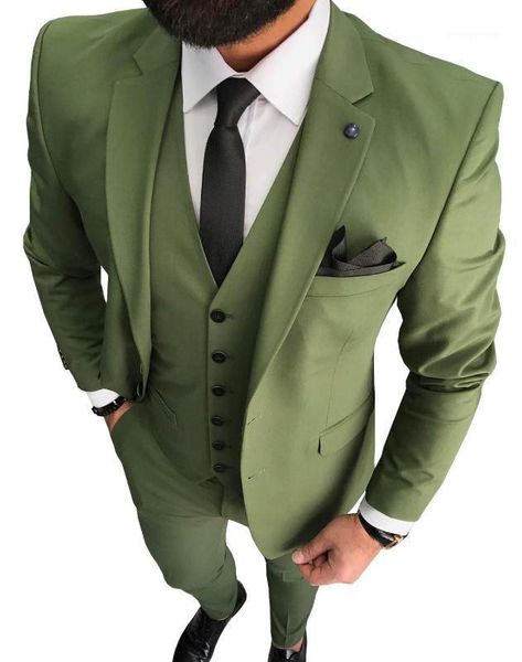 Casamento Olive Green Homens Terno 3 Peças Formal Negócio Negócio Lapel Lapela Slim Fit Groomsmen Terno Conjunto (Casaco + Colete + Pant) 1