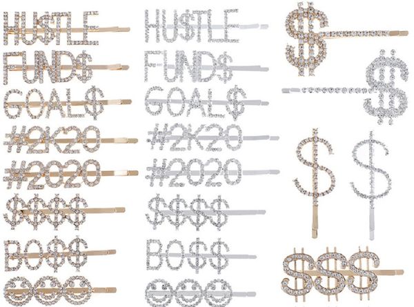 dollar hairpins crystal shiny rhinestones word letters hair clips women styling tool hairgrip diamond hair accessories clips clamp, Black;brown