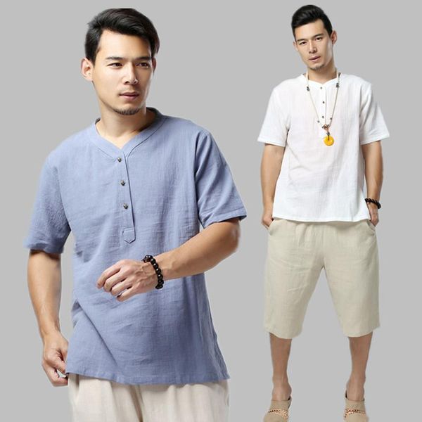 

men's casual shirts men linen 2021 summer brand short sleeve solid v-neck collar -5xl 6xl white black khaki