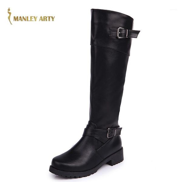 

boots 2021 autumn winter thick heel women casual buckle leather fashion large round head high tube temperament knight boots1, Black