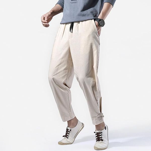 

men's ankle-length pants cotton linen elastic waist drawstring flax harem pants solid color home man casual fashion trousers1, Black