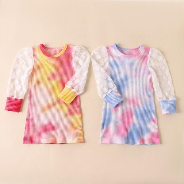 

pullover born infant baby girls long sleeve knit tie-dye print dress princess outfits toddler fashion mesh straight clothes, Blue