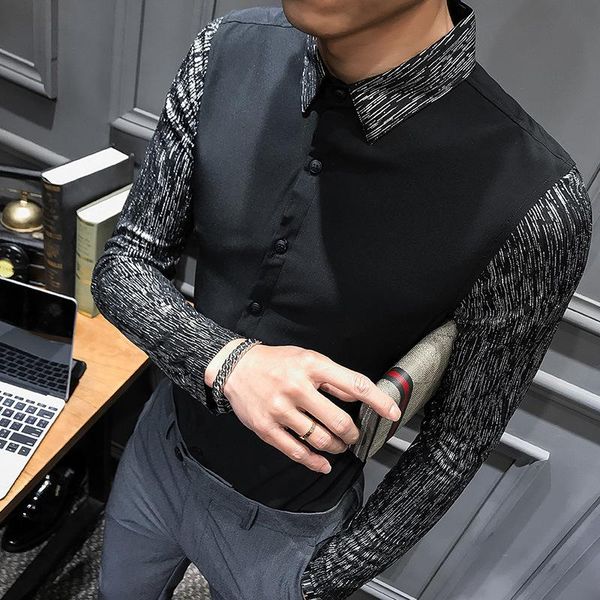 

men's casual shirts england men shirt silver long sleeve nightclub party work business dress slim fit camisa social masculina, White;black