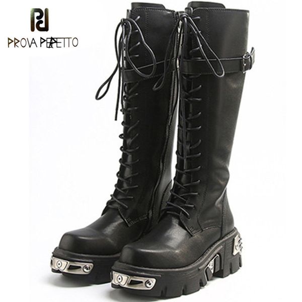 

prova perfetto buckle thick bottom boots women fashion mid-calf round toe botas mujer platform zipper plus cross lace-up stivali c1023, Black