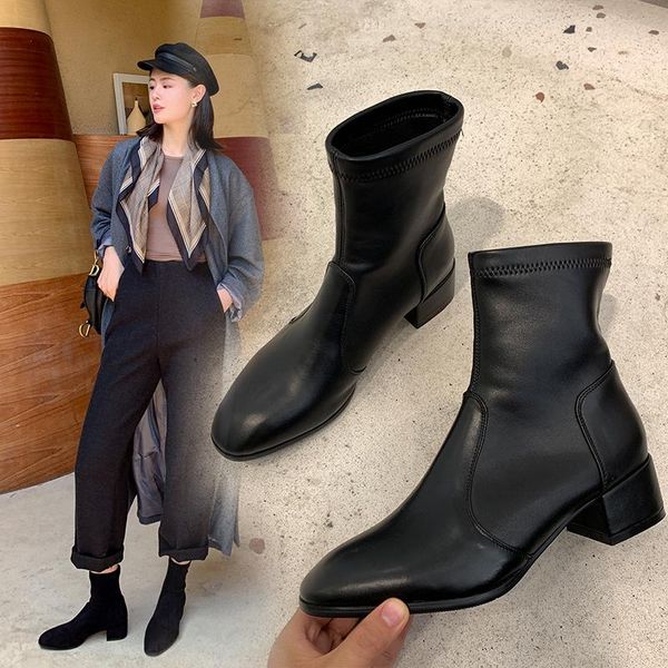 

boots ins women ankle plus size 22-26.5 cm length fashion shoes thick heeled sheepskin insole + pigskin lining, Black