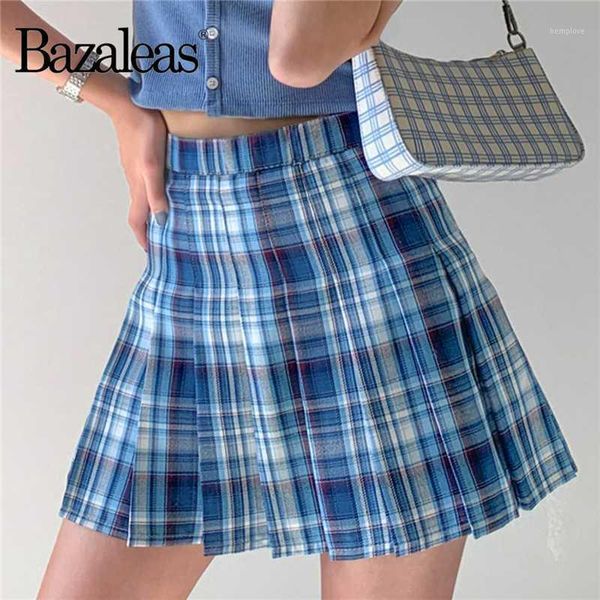 

bazaleas streetwear tartan blue purple print women pleated skirt harajuku side button short skirt saia womens plaid mini1, Black