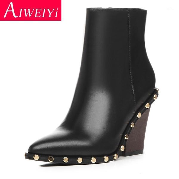 

woman ankle boots black white soft pu leather pointed toe high heels shoes studded rivets autumn winter comfort shoes woman1
