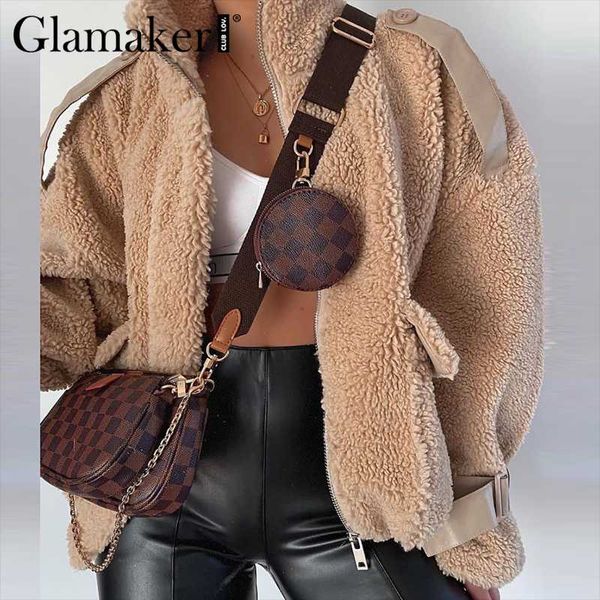 

glamaker faux fur warm coat furry outwear khaki teddy coat autumn winter pocket female short jacket winter 2020 new, Black