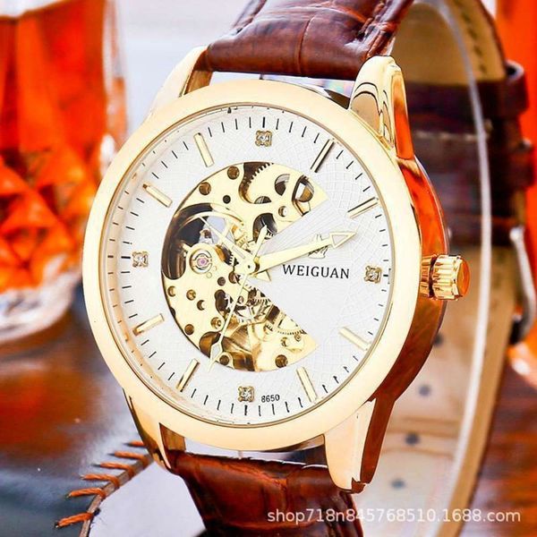 

luminous mechanical men's watch waterproof automatic hollow fashion business belt 2021 new 2021dw8y, Slivery;brown
