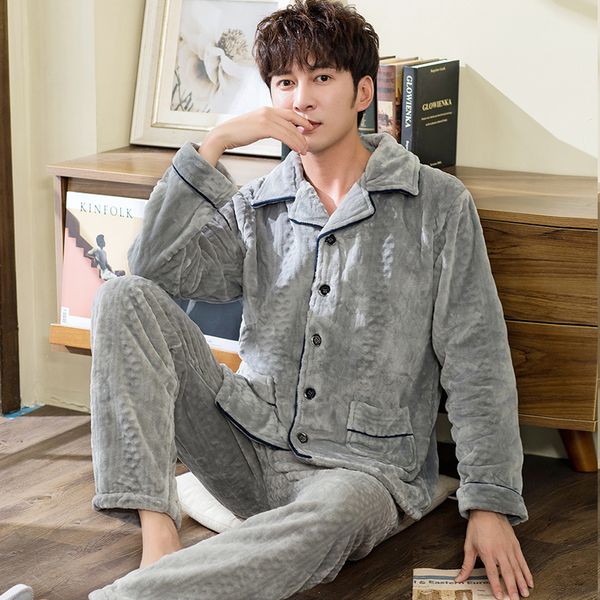 

warm men flannel pajamas set 2 pieces lounge sleepwear for men blanket nightgown soft home clothes set winter thick coral fleece 201109, Black;brown