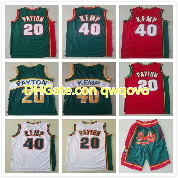 

mens seattle super sonics throwback gary 20 payton shawn 40 kemp basketball shorts basketball jerseys red white blue high quality, Black;red