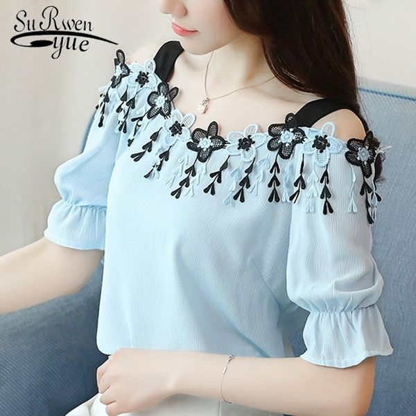 

fashion slash neck women's clothing summer short sleeve chiffon women blouse shirt sweet women's blusas d690 30 y200622, White
