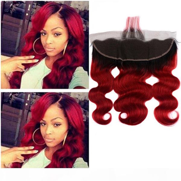 

brazilian human hair 13x4 lace frontal with baby hair part body wave 1b red ombre color lace frontal 10-20inch, Black