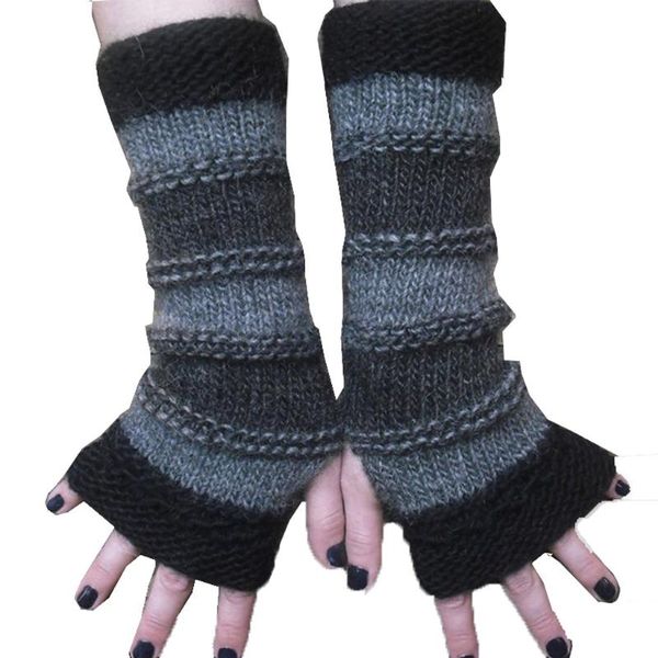 

five fingers gloves winter knitted fingerless stitching striped warm long autumn wrist arm hand warmer, Blue;gray