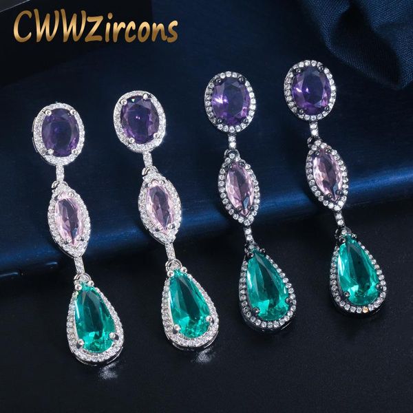 

cwwzircons brazilian black gold color blue cz crystal long water drop earrings 2020 new fashion ladies boho party jewelry cz764, Silver