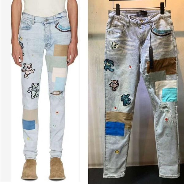 

men skinny jeans ripped holes jeans motorcycle biker denim pants ai fashion hip hop famous printing denim pants, Blue