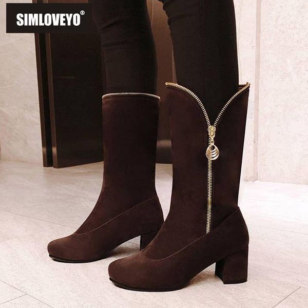 

boots simloveyo 2021 winter mid calf suede leather round toe thick heel zipper black grey large size 48 booties mujer
