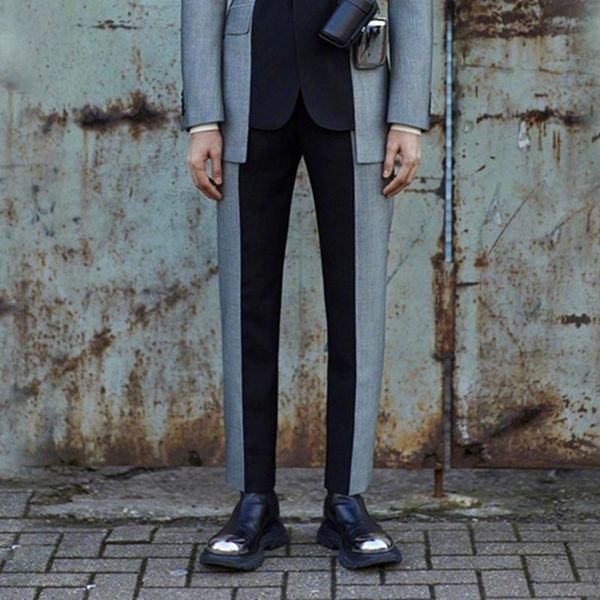 

men's suits & blazers stitching dress pants office trousers men slim british style fashion performance pant contrast side tape stripe t, White;black