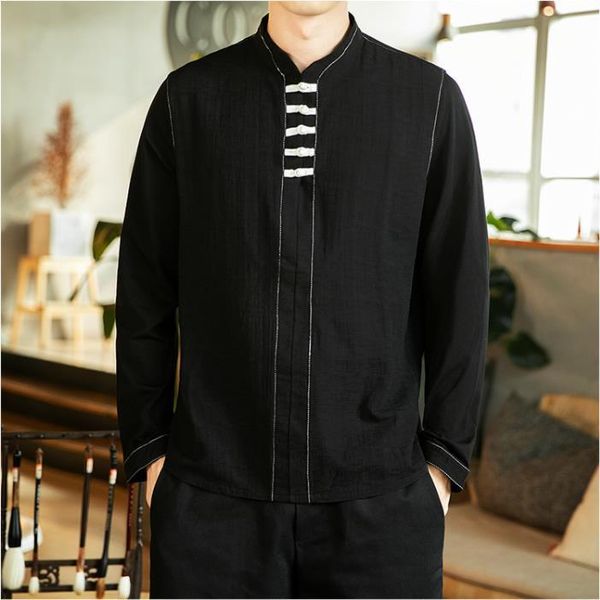 

ethnic clothing vintage men long sleeve hanfu shirt cotton linen stand collar chinese style blouse 2021 solid color casual mens shirts, Red