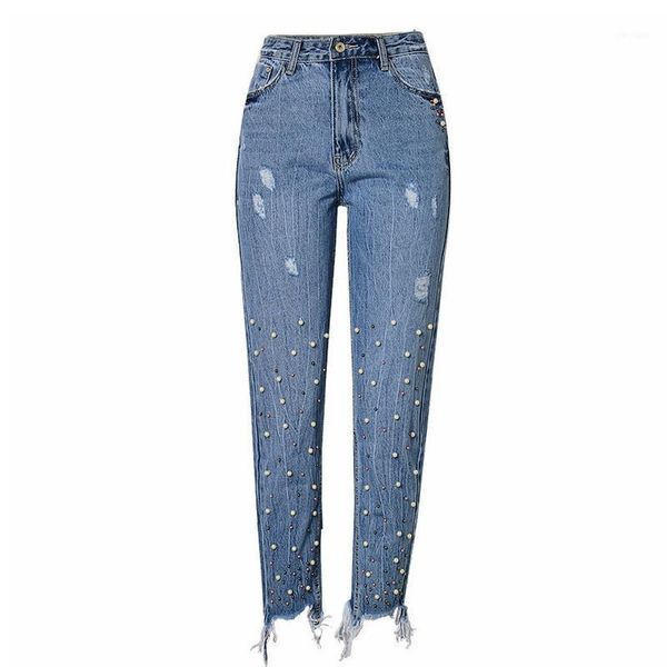 

winter korean vintage pearl mom jeans tassel high waist jeans woman denim pants ripped boyfriend for women plus size1, Blue