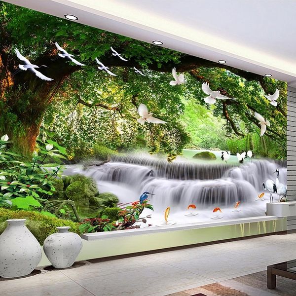 Природный пейзаж Пользовательские 3D фото обои Зеленый лес водопад Птицы Большой Mural Гостиная Спальня Справочная декора стены