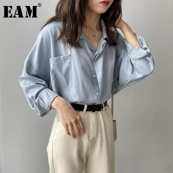 

eam] women blue brief temperament big size blouse new lapel long sleeve loose fit shirt fashion tide spring summer 2020 1y650, White