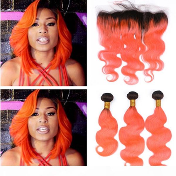 

#1b orange ombre 13x4 full lace frontal closure with 3bundles body wave wavy brazilian virgin human hair ombre orange weave extensions, Black;brown