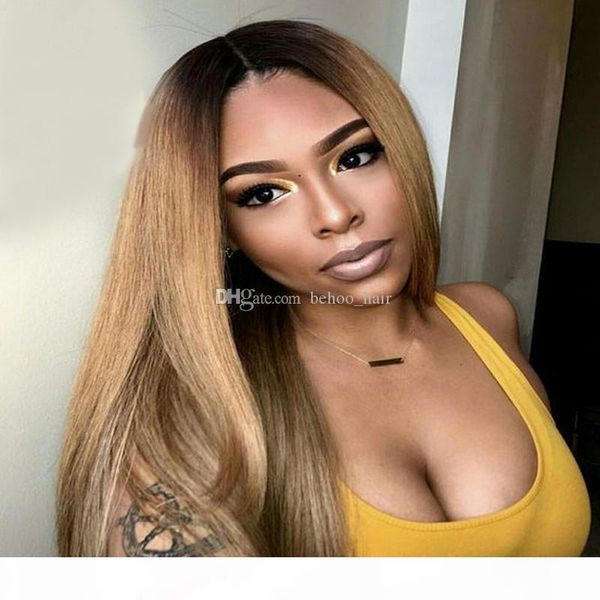 

ombre honey blonde color 1b 27 thick glueless full lace human hair wigs brazilian straight lace front wig for black women, Black;brown