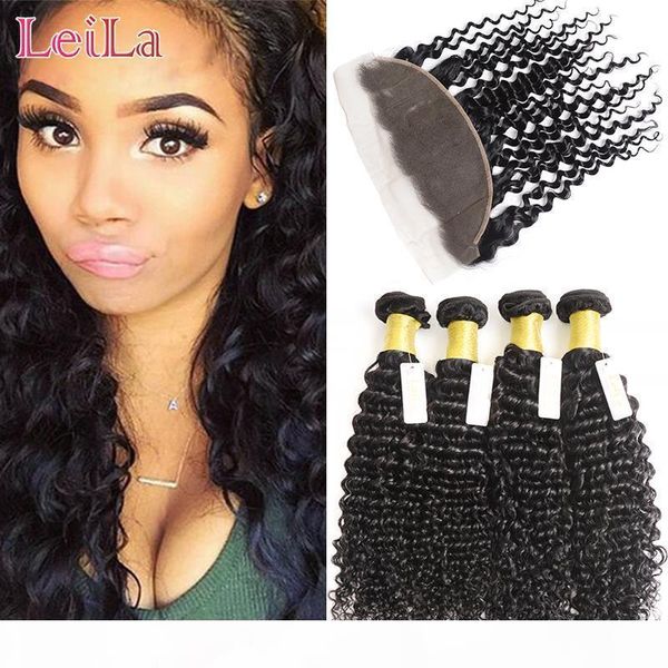 

malaysian ear to ear 13 x 4 lace frontal with 4 bundles deep wave virgin human hair wefts with closure frontal deep wave, Black;brown
