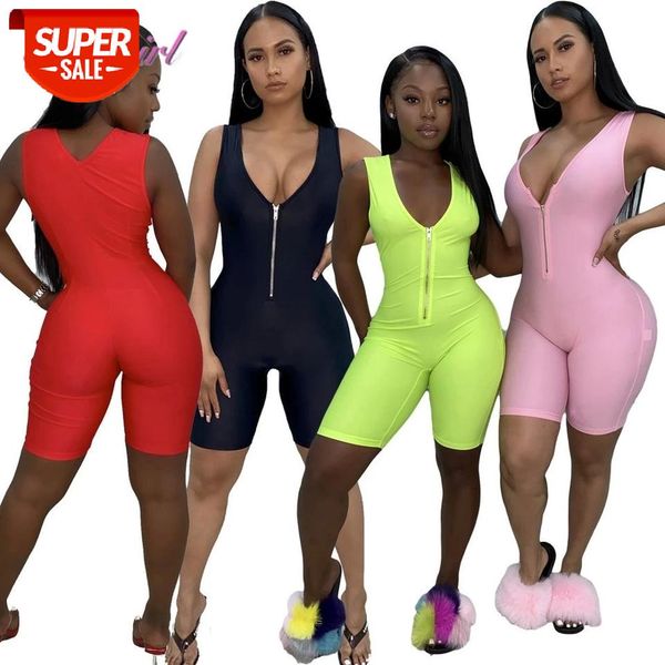 

women rompers front zipper v neck sleeveless shorts jumpsuit summer one piece tracksuit outfit sport playsuit overalls fitness #jt5p, Black;white