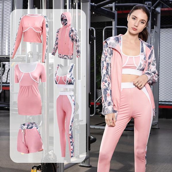 

yoga outfits 2021 spring printed suit 6-piece set women's nylon quick-drying fitness running suit1, White;red