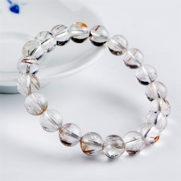 

drop shipping natural rutilated quartz bracelets for women lady stretch clear round bead crystal bracelet 10mm, Black