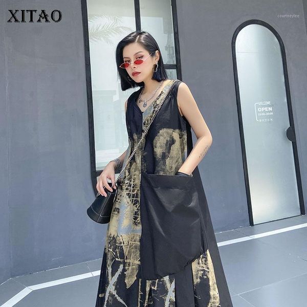 

xitao occident vintage print dress women loose plus size wild pleated sleeveless dresses trend women clothes streetwear xj48191, Black;gray
