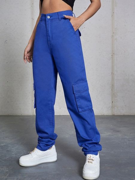 

high waist flap pocket jeans 75u4#, Blue