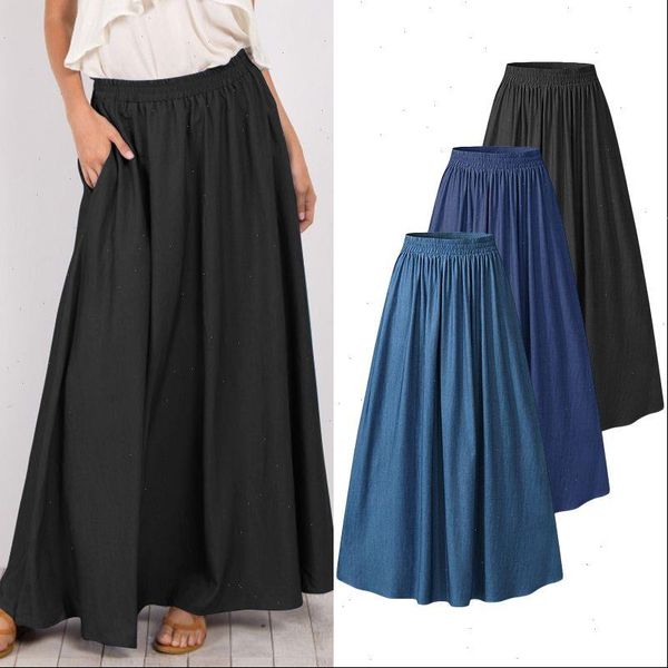 

fashion denim blue skirts womens casual vestidos zanzea 2021 female elastic high waist solid skirt plus size pleated robe s 5xl, Black
