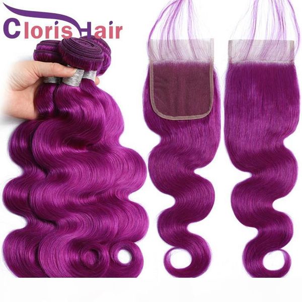 

raw virgin indian body wave colored weaves 3 bundles with lace closure natural hairline purple human hair wavy extensions and closures, Black;brown