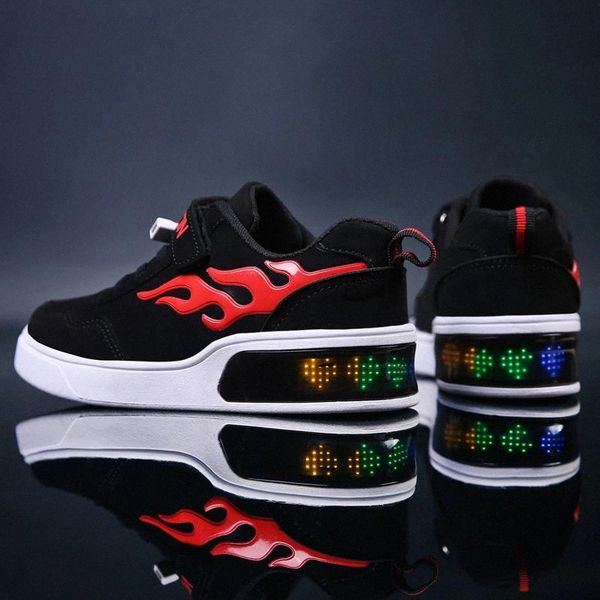 

new grey bright solid usb led light up kid shoes breathable hook &loop children charging luminous sneakers for girl&boy 27-36 #fe65