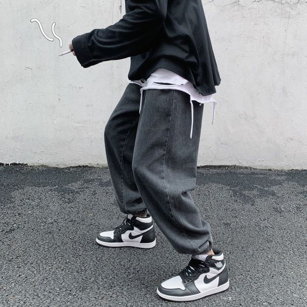 

2021 new men's korean streetwear denim solid color casual oversize jeans male fashion pants ky0u, Blue