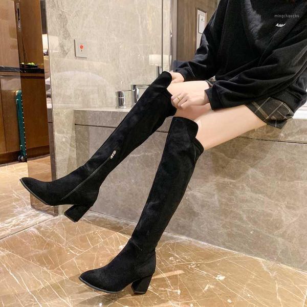 

boots thick heel over the knee slim women suede thigh high pointed toe long with heels winter shoes 20211, Black