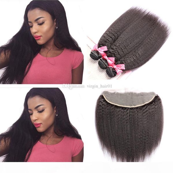 

kinky straight human hair weaves with lace frontal big yaki hair extension 3 bundles with lace frontal 4pcs lot, Black;brown