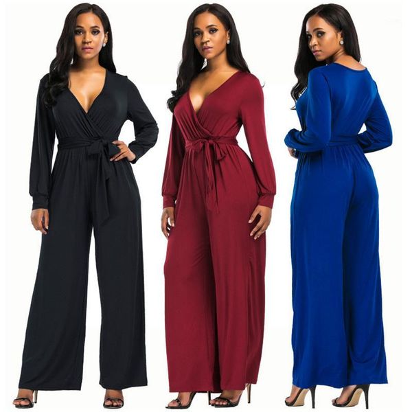 

v neck rompers women jumpsuit autumn winter solid elegant ladies office work wear long sleeves long pants wide leg playsuit1, Black;white